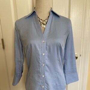 ANN TAYLOR fitted womens blue collared blouse, 100% cotton, 3/4 sleeve, sz 2 EUC